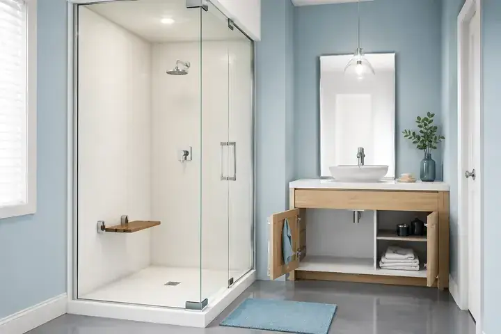 Box de banheiro em ambiente azul e branco